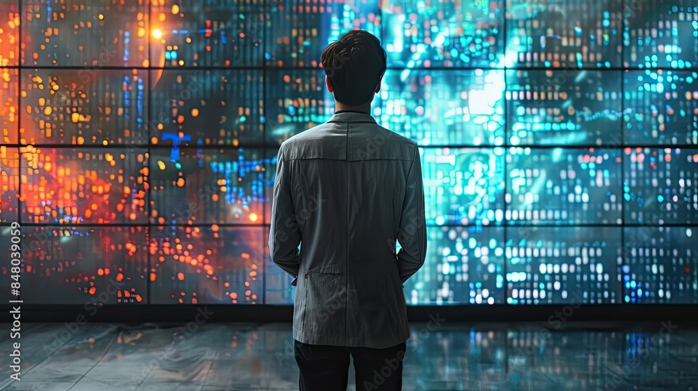 Back view of a businessman standing in front of a large digital display board Back view of a businessman standing in front of a large digital display board