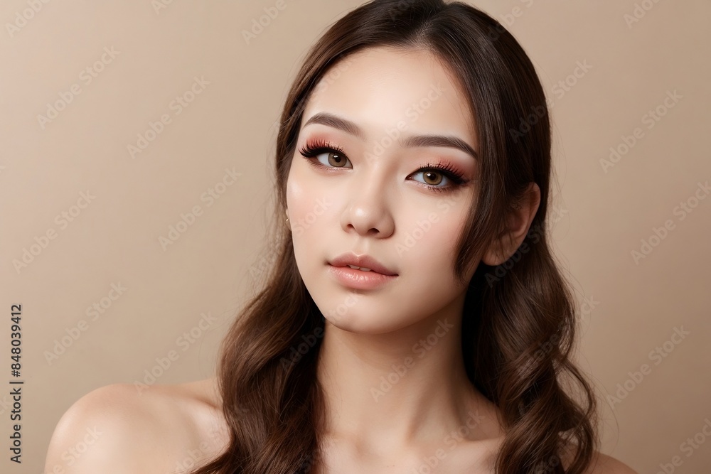 Fototapeta premium A young Korean woman with a perfect makeup style isolated beige background with copy space.
