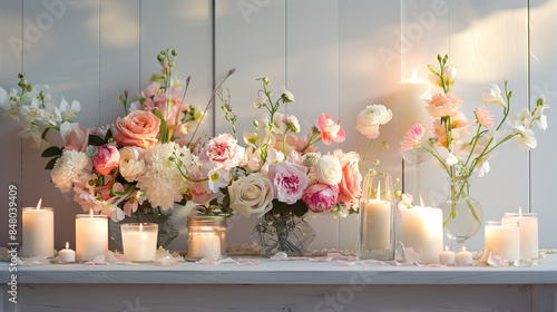 An elegant table display with beautifully arranged flowers and candles, placed on a white wooden background, leaving space for text. .