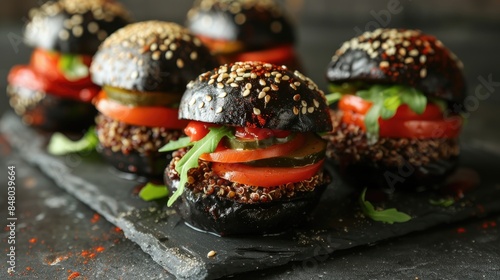 Mini burgers with quinoa and vegetables in red green and black colors photo
