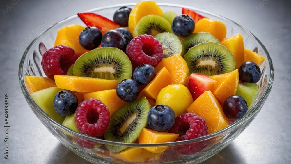 Colorful Fresh Fruit Salad in Glass Bowl Colorful Fresh Fruit Salad in Glass Bowl