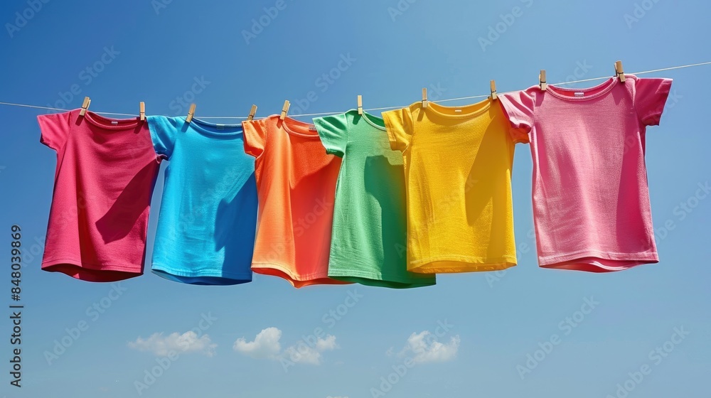 Brightly colored T shirts hanging on a clothesline under a clear blue sky Brightly colored T shirts hanging on a clothesline under a clear blue sky