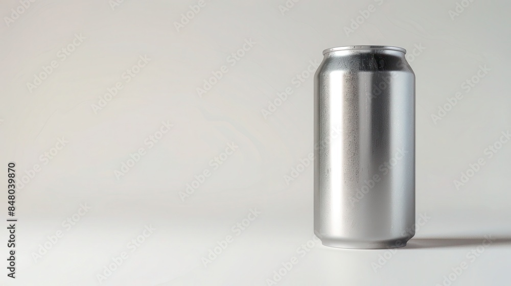 Silver metal can with blank label against light background no text Silver metal can with blank label against light background no text