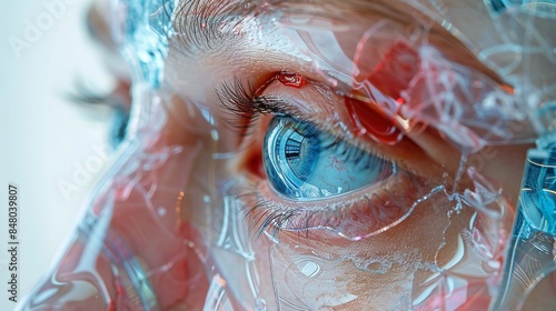 A close-up shot of a human eye covered in a transparent, fluid-like substance. The eye is looking to the side and appears to be blue