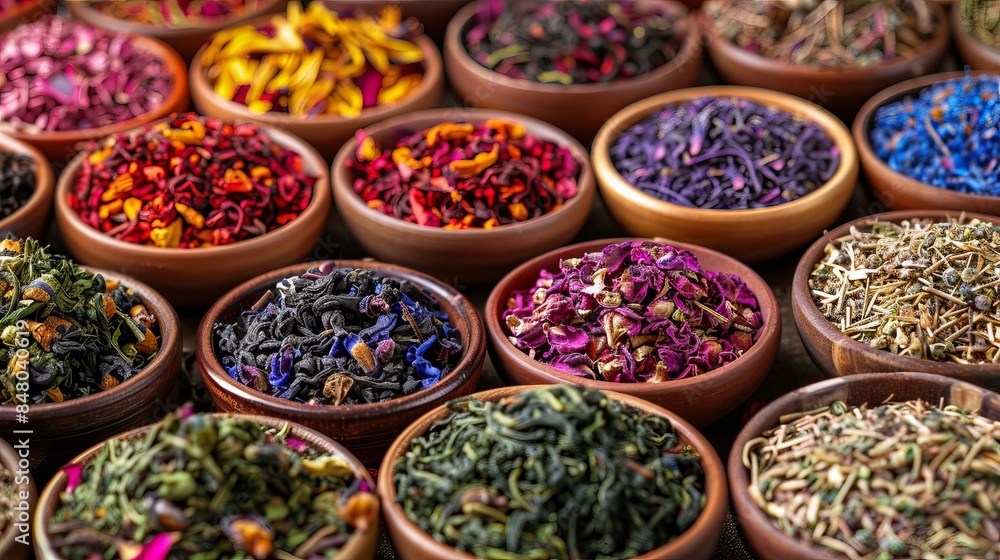 Fototapeta premium A diverse assortment of multi-colored dried tea leaves and flowers spread out on a table, showcasing a vibrant array of natural ingredients for brewing herbal teas.