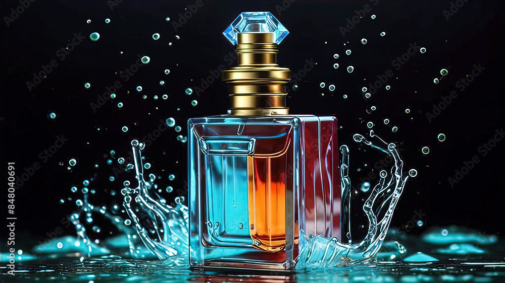 glass perfume bottle surrounded by many splashes, (lime, lavender, juniper, cashmeran, patchouli) transparent and white packaging, stylish photo of a cosmetics and perfume product glass perfume bottle surrounded by many splashes, (lime, lavender, juniper, cashmeran, patchouli) transparent and white packaging, stylish photo of a cosmetics and perfume product