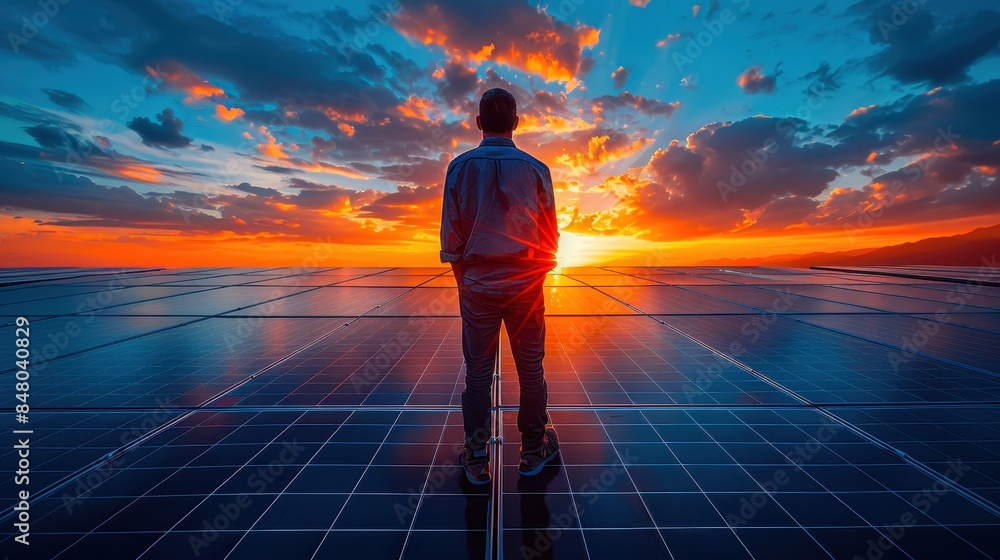 Person standing on solar panels, watching a vibrant sunset with dramatic clouds, symbolizing renewable energy and sustainable future. Person standing on solar panels, watching a vibrant sunset with dramatic clouds, symbolizing renewable energy and sustainable future.