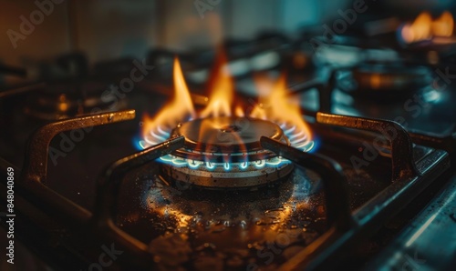 Close-up shot of a gas hob burner emitting a vibrant flame