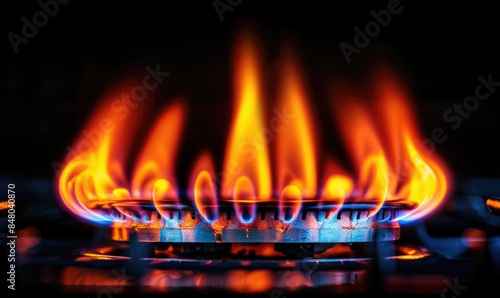 Close-up shot of a gas hob burner emitting a vibrant flame