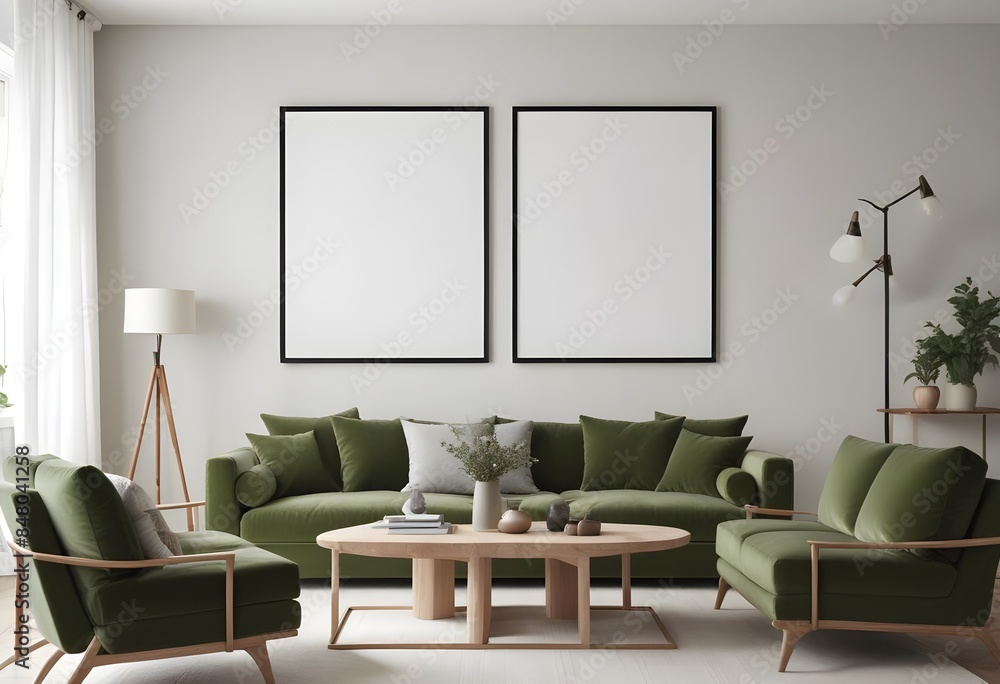 Obraz premium Frame mockup, ISO A paper size. Living room poster mockup. Modern interior design. Living room Interior mockup with house background. 3D render