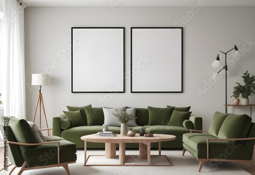 Frame mockup, ISO A paper size. Living room poster mockup. Modern interior design. Living room Interior mockup with house background. 3D render