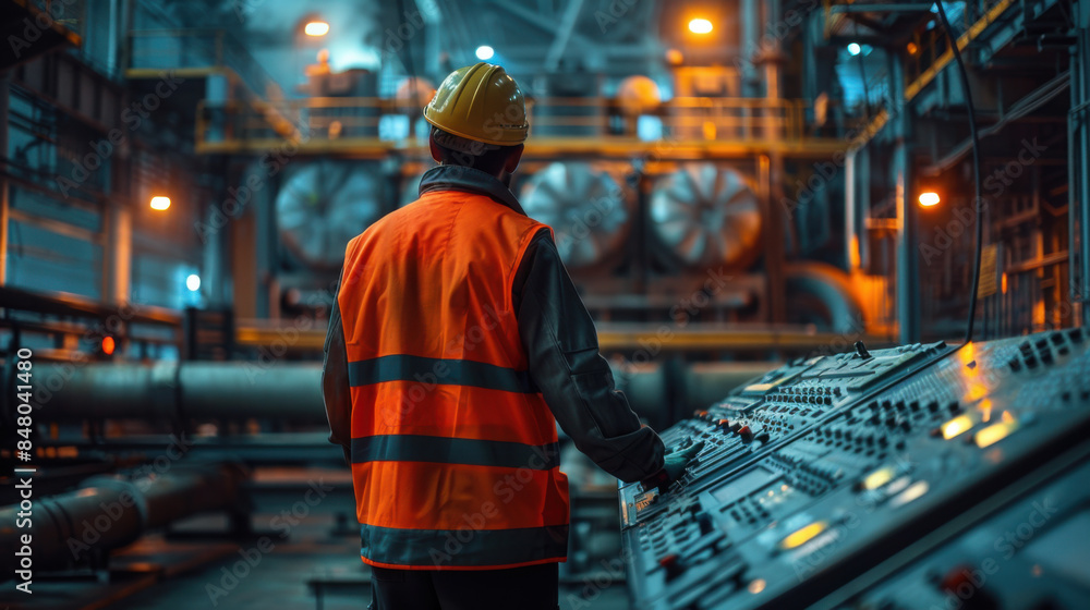 Industrial worker in safety gear monitoring a control panel in a dimly lit factory environment. Industrial worker in safety gear monitoring a control panel in a dimly lit factory environment.