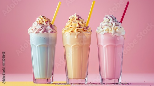 Assorted milkshake flavors on isolated background. Milkshake drink frontal view