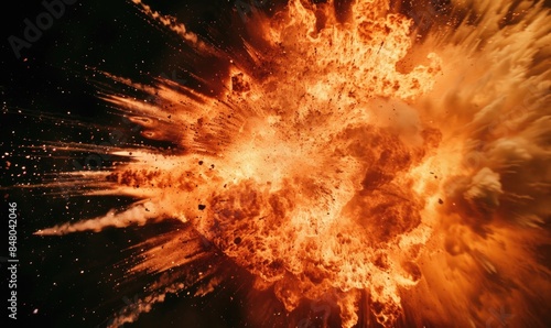 Extreme close-up of a controlled explosion, showcasing the intricate details of flames and sparks against a dark backdrop
