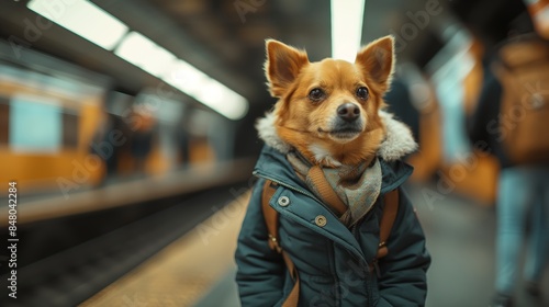 A cute dog dressed in a jacket waits patiently at a subway station, capturing a unique and heartwarming moment in urban life. photo