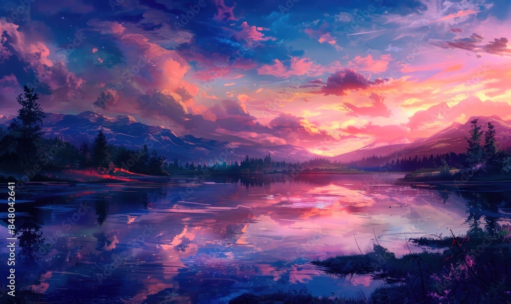 Pink and violet colorful sunset reflected on lake surface Pink and violet colorful sunset reflected on lake surface