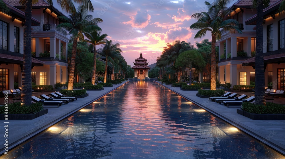Obraz premium Radiant D Rendering Illuminates Wat Rong Khun The White Temple at Dusk 