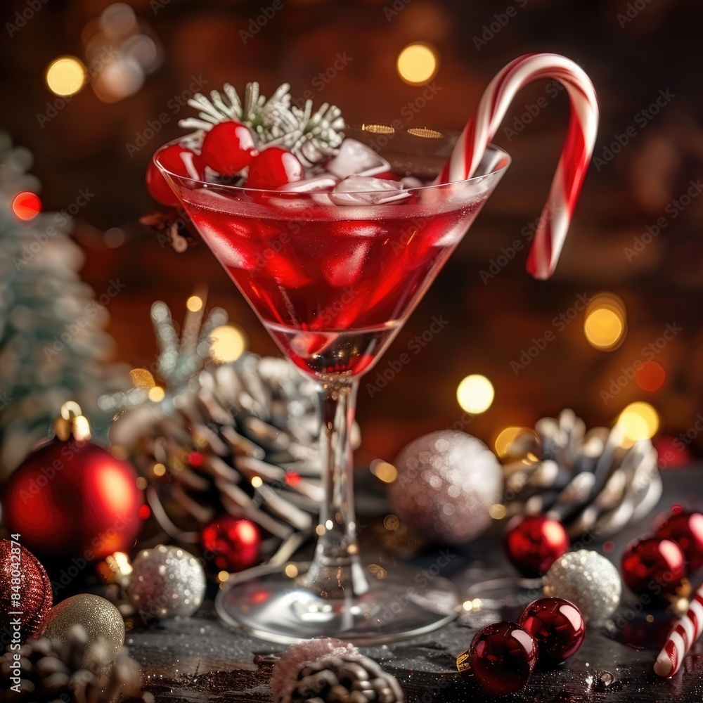 Holiday Cheers: Red Christmas Cocktail with Candy Cane and Festive Decorations Holiday Cheers: Red Christmas Cocktail with Candy Cane and Festive Decorations