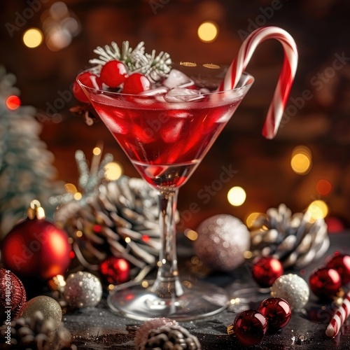 Holiday Cheers: Red Christmas Cocktail with Candy Cane and Festive Decorations