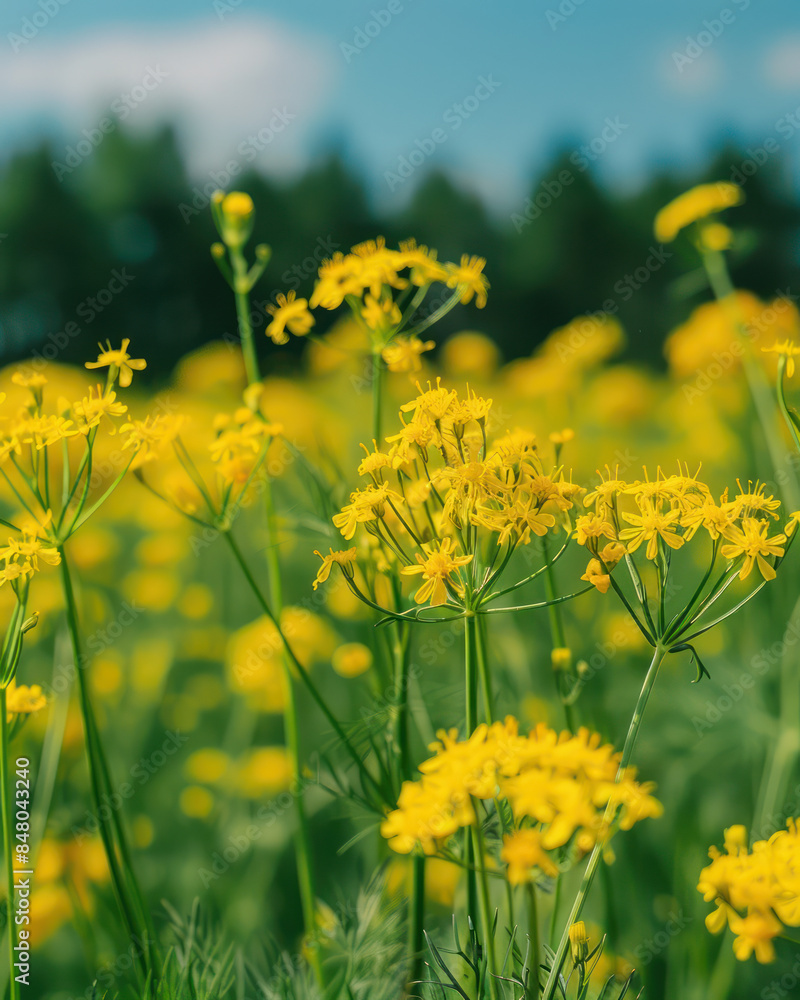 Fototapeta premium Beautiful Field of Yellow Flowers in Bloom Under a Bright Blue Sky with Green Forest in the Background on a Sunny Day, Capturing the Essence of Spring and Nature's Beauty