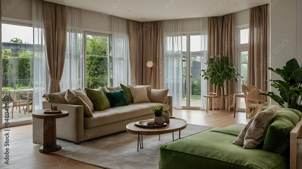 Fototapeta premium Stylish home living room interior with relaxing and dining space