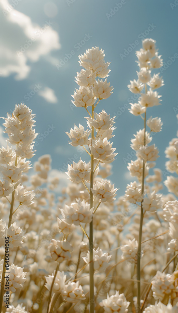 Serene Field of White Flowers Under Clear Blue Sky with Sunlight in Beautiful Landscape Serene Field of White Flowers Under Clear Blue Sky with Sunlight in Beautiful Landscape