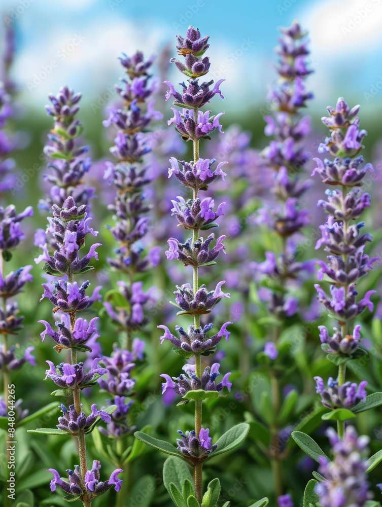 Obraz premium Stunning Close Up of Vibrant Purple Lavender Flowers in Full Bloom under a Bright Blue Summer Sky in a Lush Garden
