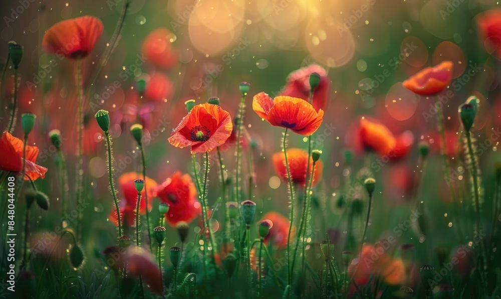 Fototapeta premium Poppies under the rain, closeup view