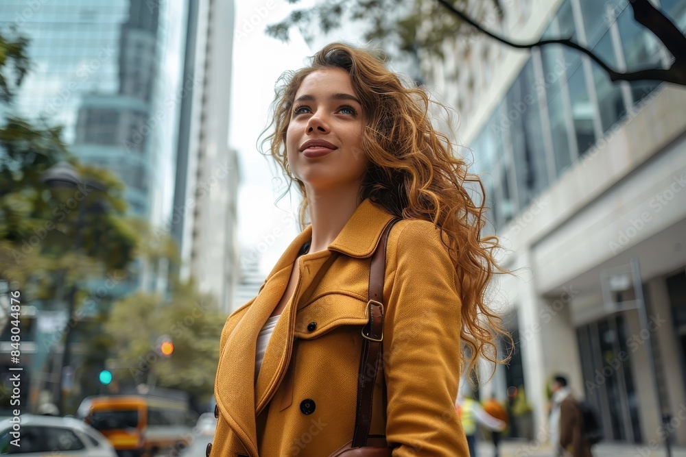 Confident and fashionable woman in a vibrant yellow coat gazes upward amidst city architecture Confident and fashionable woman in a vibrant yellow coat gazes upward amidst city architecture