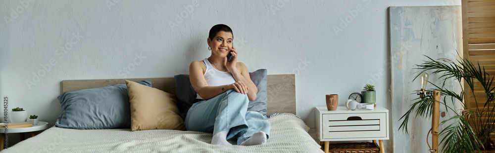 A woman in casual wear with short hair sitting on a bed, engaged in conversation on a cell phone. A woman in casual wear with short hair sitting on a bed, engaged in conversation on a cell phone.
