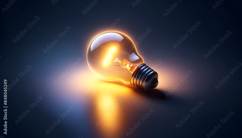 a glowing light bulb lying on its side, emitting a soft warm yellow light. The light reflects off a dark surface, creating a mix of blue and purple reflections. a glowing light bulb lying on its side, emitting a soft warm yellow light. The light reflects off a dark surface, creating a mix of blue and purple reflections.