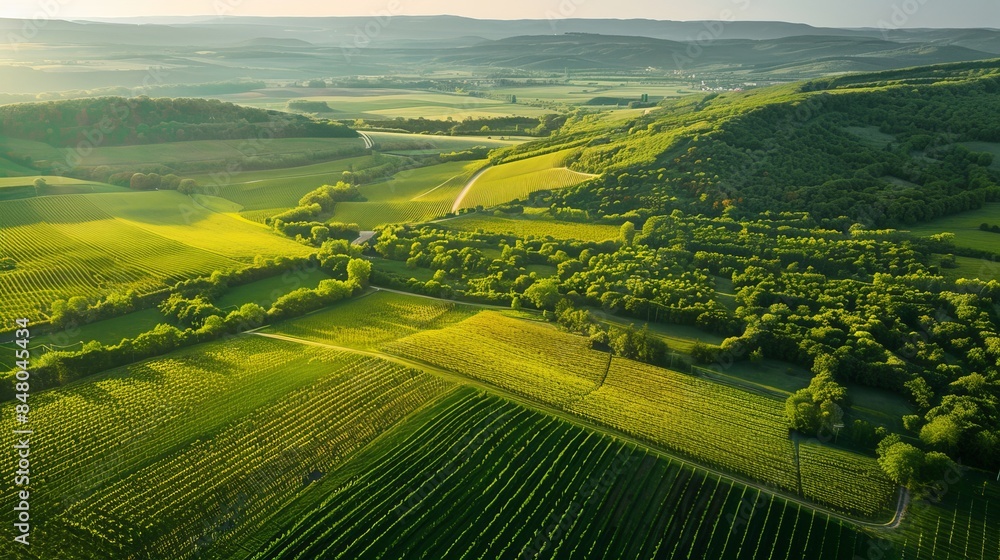 Fototapeta premium Scenic aerial landscape of lush green and golden farm fields in natural surroundings