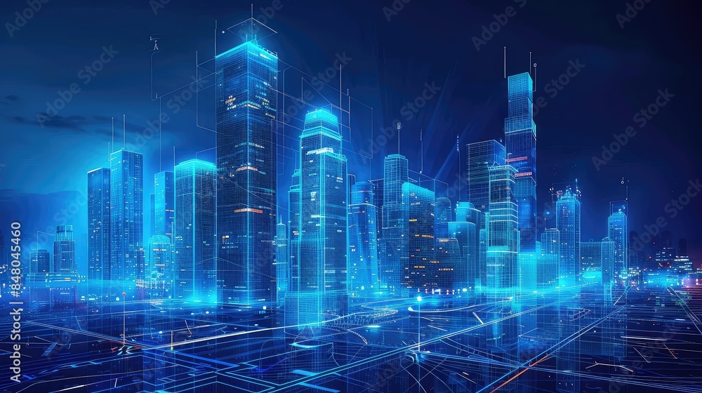 Digital blueprint of futuristic skyline. no text, logo, number, watermark, blurry, defocused Digital blueprint of futuristic skyline. no text, logo, number, watermark, blurry, defocused