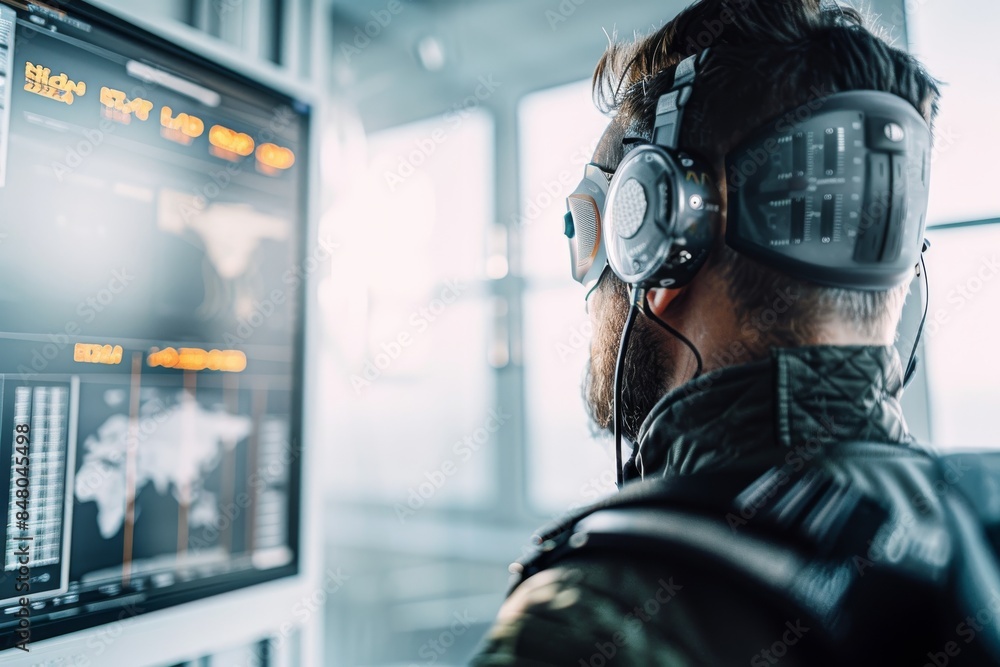 Man wearing VR headset interacting with AI graphics in a futuristic setting, illustrating the immersive experience of artificial intelligence technology. Man wearing VR headset interacting with AI graphics in a futuristic setting, illustrating the immersive experience of artificial intelligence technology.