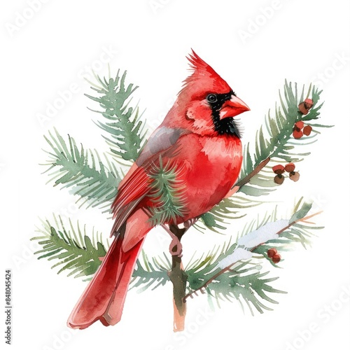 Northern Cardinal Bird Sitting on Winter Holly Tree Branch. Festive Watercolor Illustration for Christmas Celebration © juliiapanukoffa