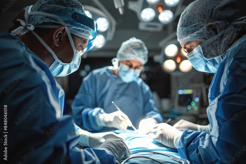 An intimate view of a medical team engaged in a surgical operation under surgical lights An intimate view of a medical team engaged in a surgical operation under surgical lights