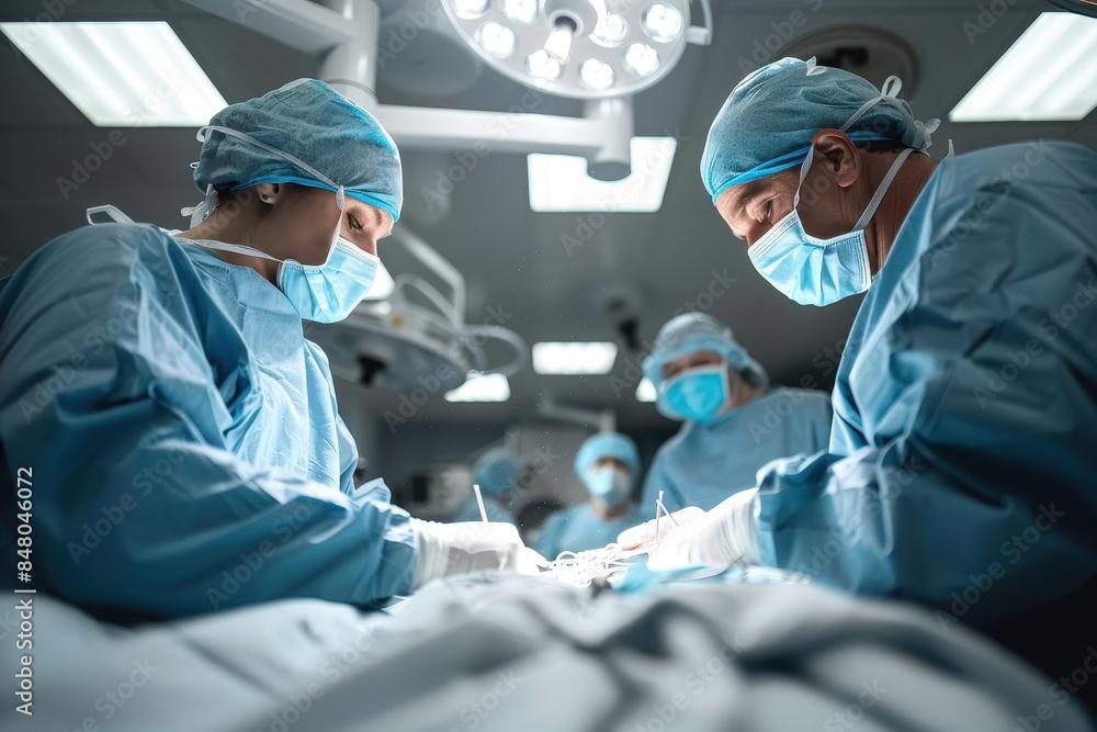 Healthcare professionals in scrubs performing surgery under bright OR lights Healthcare professionals in scrubs performing surgery under bright OR lights