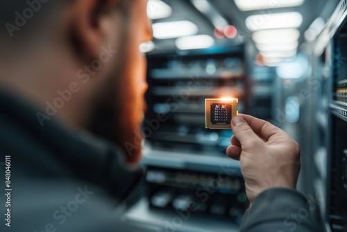 Engineer examining a high tech AI component in a modern data center, highlighting the precision and sophistication of artificial intelligence hardware.