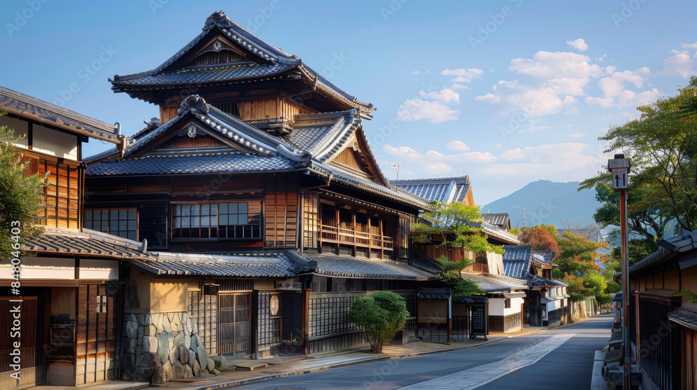 Traditional Japanese wooden houses on a quiet street, showcasing classic architecture with mountain and sky backdrop. Traditional Japanese wooden houses on a quiet street, showcasing classic architecture with mountain and sky backdrop.