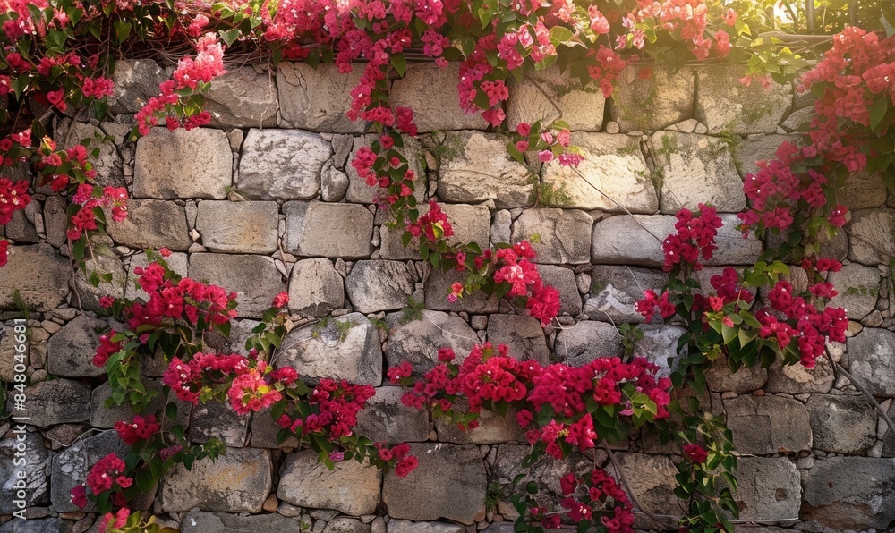 Naklejka premium Stone wall with bougainvillea