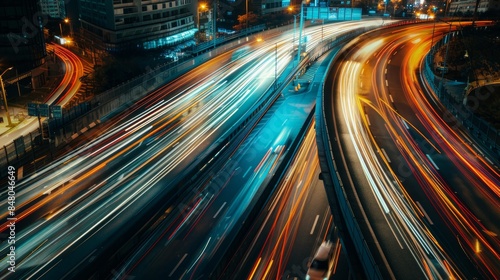 A high-angle shot of a busy highway interchange at dusk  showcasing car lights and intricate road patterns.