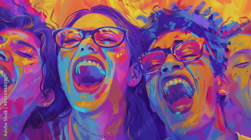 Fototapeta premium Close-up portrait of diverse friends displaying ecstatic joy with individual expressions.