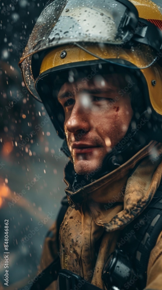A firefighter in full gear, rain and fire in the background A firefighter in full gear, rain and fire in the background