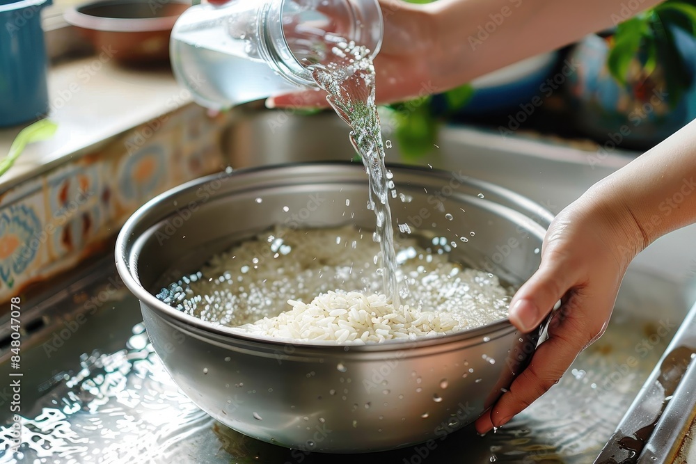 Fototapeta premium Hands pouring water into a bowl of rice to rinse it, a common practice in preparing rice for cooking