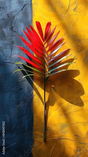 Tropical summer background with colorful wall, palm and stylish sunlight shadows. Luxury hotel resort exterior for product placement. Outdoor vacation holiday house scene. Nature aesthetic wallpaper