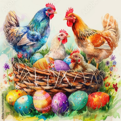 Springtime Celebration: Easter Basket with Colorful Eggs, Flowers, and Funny Chicks. Watercolor Illustration
