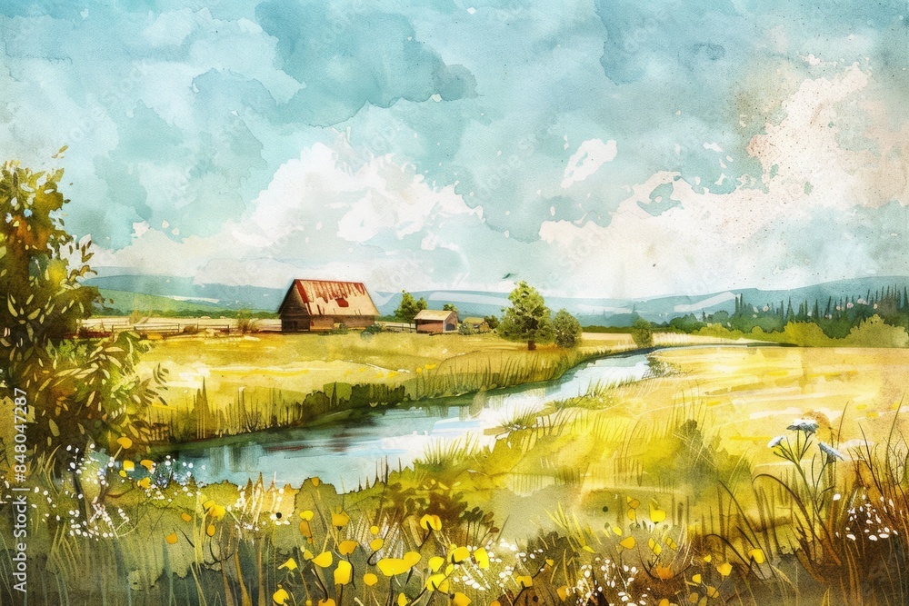 Fototapeta premium Tranquil Countryside Scene: Farm Landscape with River, Vintage Table, and Hand-Drawn Watercolor Illustration