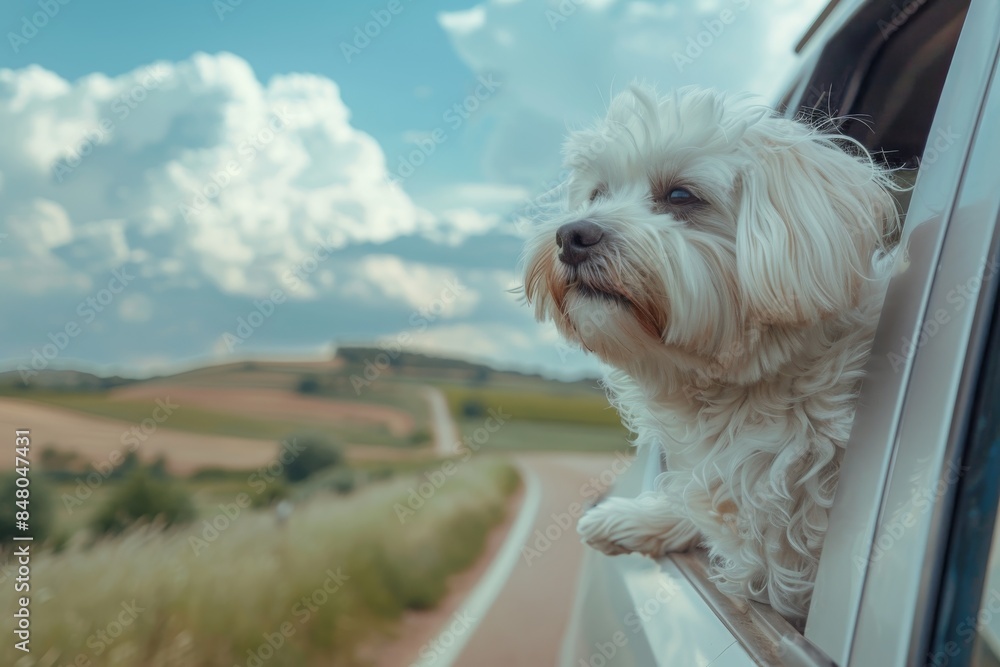 A cute white dog enjoying a scenic road trip with its head out of the car window, against a backdrop of countryside and blue sky. A cute white dog enjoying a scenic road trip with its head out of the car window, against a backdrop of countryside and blue sky.