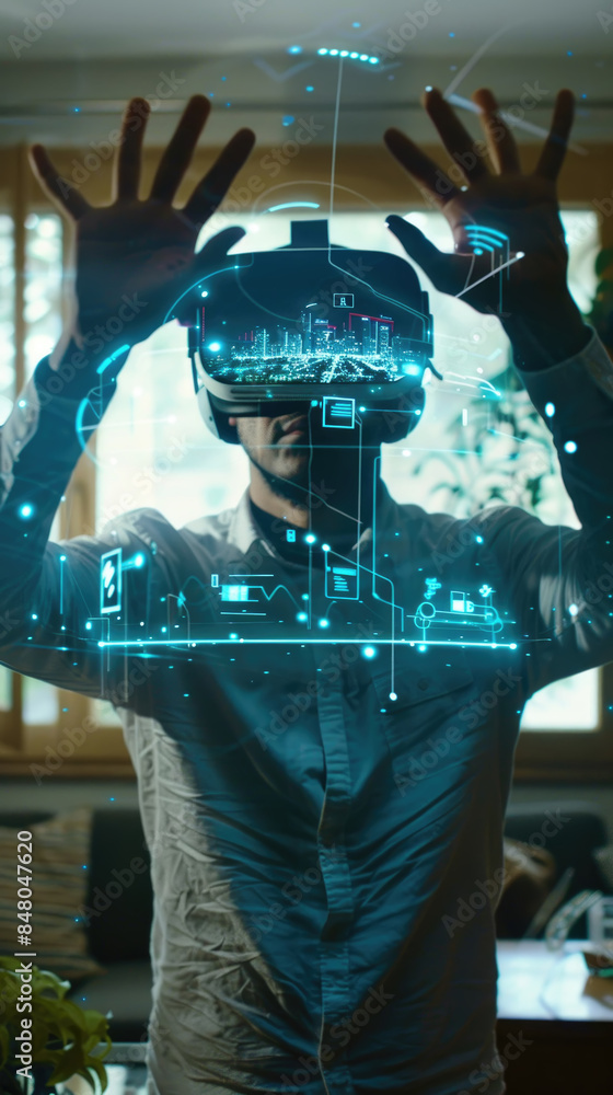 Fototapeta premium A man wearing a VR headset interacts with a futuristic interface while in a home office setting