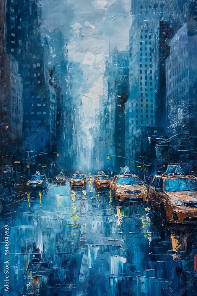 An abstract oil painting depicting a rainy city street with yellow taxis, blending vibrant colors and textures to evoke a sense of urban life and weather. Ideal for artistic themes, cityscapes. An abstract oil painting depicting a rainy city street with yellow taxis, blending vibrant colors and textures to evoke a sense of urban life and weather. Ideal for artistic themes, cityscapes.